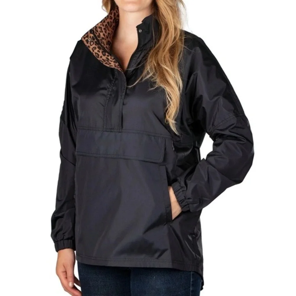 Lauren James Womens XXL Black Leopard Print Accent‎ Anorak Windbreaker Jacket